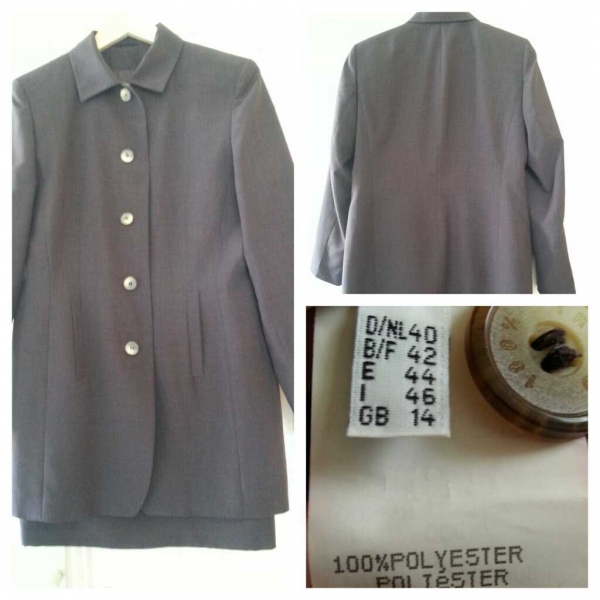 Bordeauxfarben meliertes Kostüm bestehend aus kurzem Rock und längerem Blazer Gr 40/M