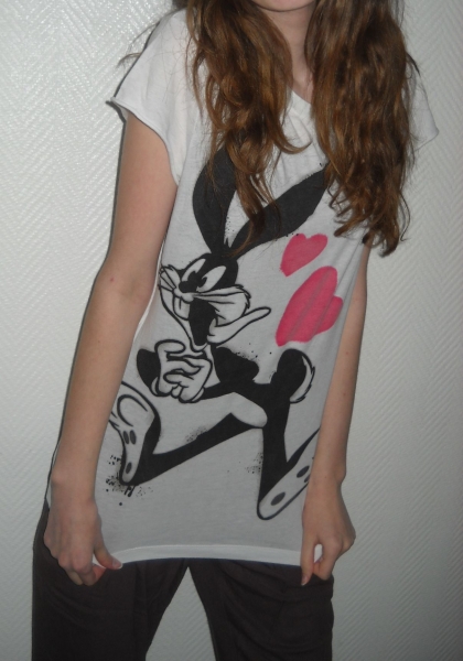 Zara Trf Shirt Bugs Bunny Motiv Top Tunika Longtop weiß Vintage 34 36 38 XS S M Boho Oversized