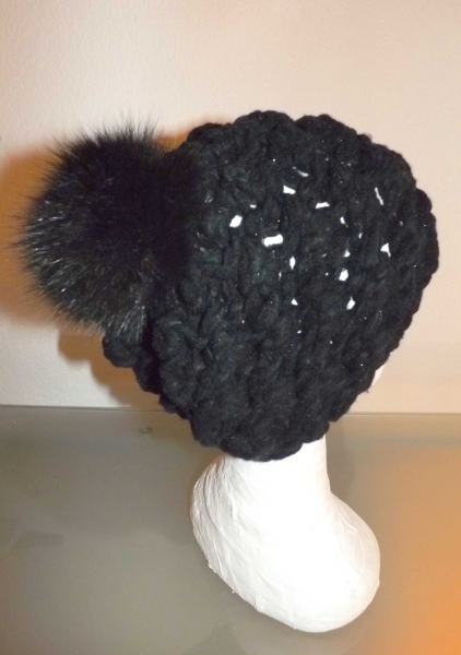 Grobstrick Mütze mit Fellbommel Handgestrickt