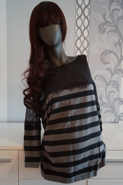 Schwarz Grau gestreiftes Oberteil mit Spitzen an Brust und Oberarm 44 46 Neu