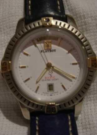 Playboy Armbanduhr, Uhr silber gold und weißes Ziffernblatt mit blauem Band für Herren oder Damen