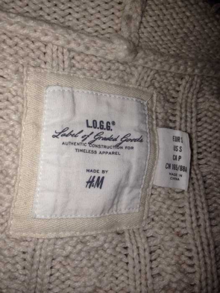 H&M Strickjacke Cardigan Kapuze Grobstrick Zopfmuster Gr S beige creme woll-weiß