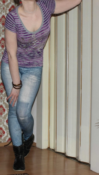 T-Shirt lila, grau gestreift, Streifem, Gr. XS, auch passend bei S, Muster