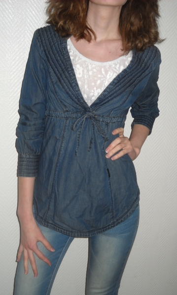 ONLY Jeanshemd Tunika Bluse blau jeansblau dunkel Langarm Biesen 34 36 XS S M