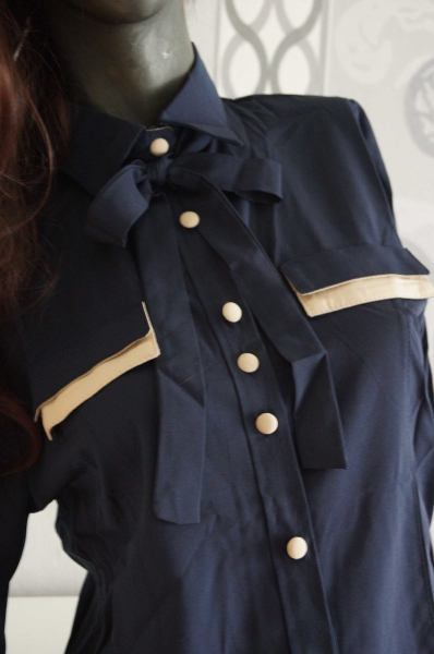 Wunderschöne zweifarbige Bluse Blau Ocker mit Schleife L XL 40 42