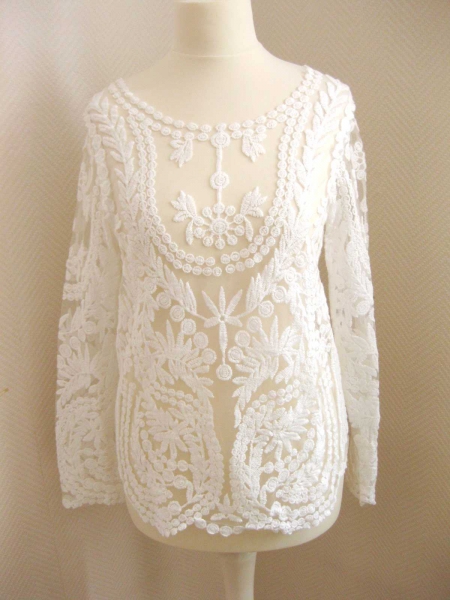 Spitzentop weiß Häkelshirt langärmlig XS *neuwertig* Blogger