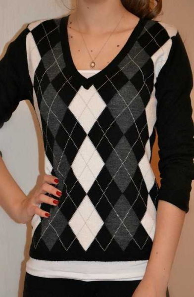 Schwarz grau weißer Pullover mit Karos Rautenmuster 34 36 XS S