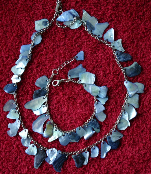 Schmuckset Kette und Armkettchen mit blauen Muschelscheiben