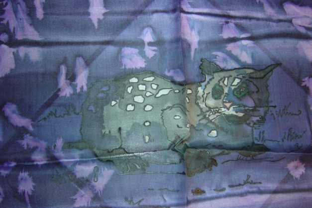 Langer Seidenschal Seidenmalerei mit Katze, lila DIY