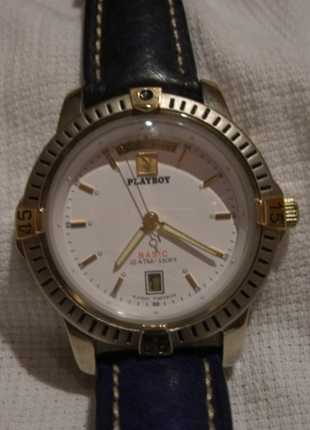 Playboy Armbanduhr, Uhr silber gold und weißes Ziffernblatt mit blauem Band für Herren oder Damen