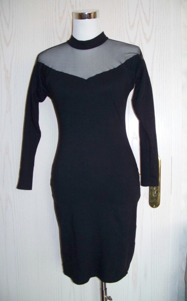VINTAGE// Kurzes schwarzes 80er-Kleid mit Mesh/ Netz & leichten Fledermausärmeln