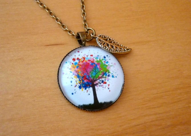 Kette Lebensbaum bunt Baum Blatt vintage gothic bronze glas