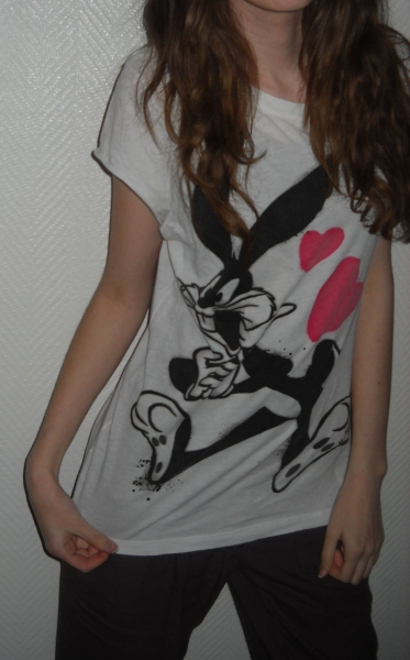 Zara Trf Shirt Bugs Bunny Motiv Top Tunika Longtop weiß Vintage 34 36 38 XS S M Boho Oversized