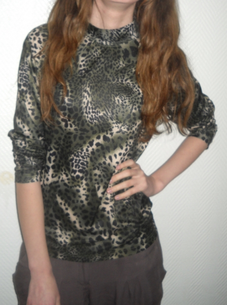 Sexy Leopard Pullover Pulli Leo Rolli Shirt Top creme grün XS S M 36 38 Oversized Vintage Tiger