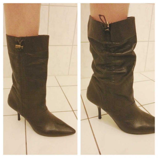 Neu! Braune spitz zulaufende hohe Lederstiefel mit seitlich verstellbarer Raffung Gr. 38 / Ungetragen!