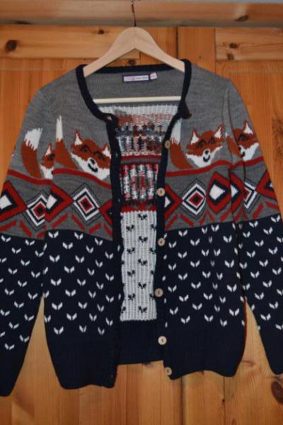 Strickjacke Fuchsmuster Caro blau grau rost rot