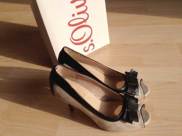 Peep-Toes mit Schleife, beige-schwarz