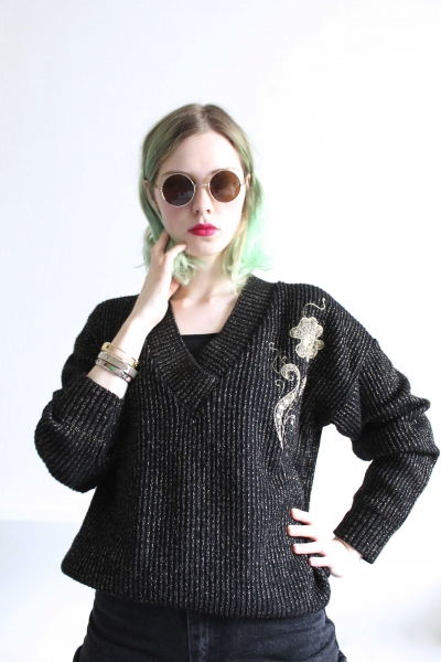 -- Vintage Pullover -- in Gold Schwarz mit Blume Gr. S-M