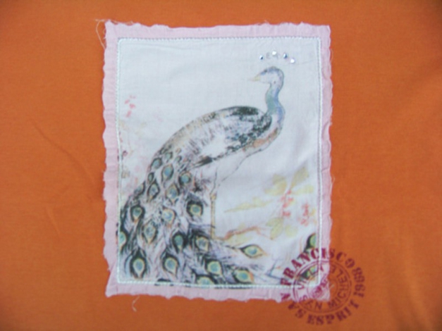 Esprit Langarm-Shirt Orange mit Pfauenmotiv NEU