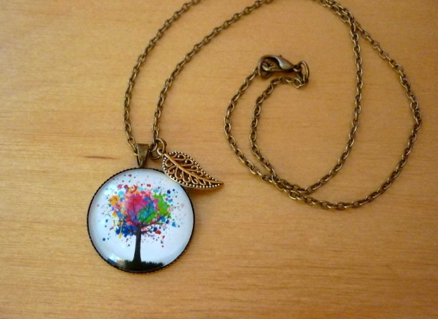 Kette Lebensbaum bunt Baum Blatt vintage gothic bronze glas