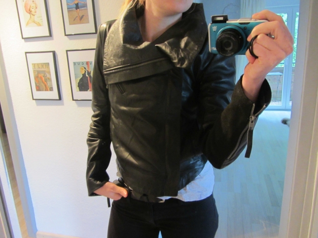 Mango Bikerjacke Leder Wasserfall kragen schwarz S 36