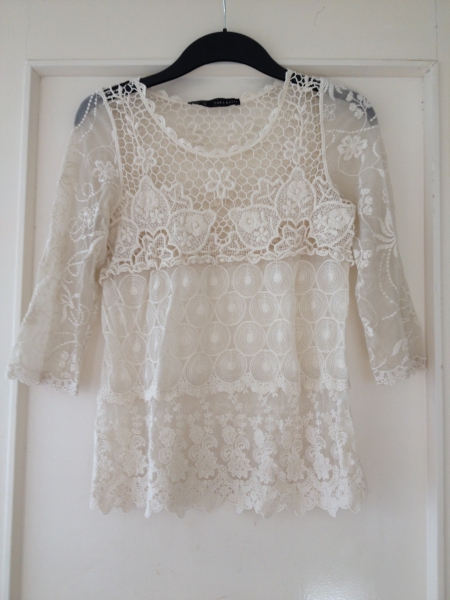 Spitzenshirt (weiß, durchsichtig, Blumen, Häkel, Boho, Vintage, Hippie)