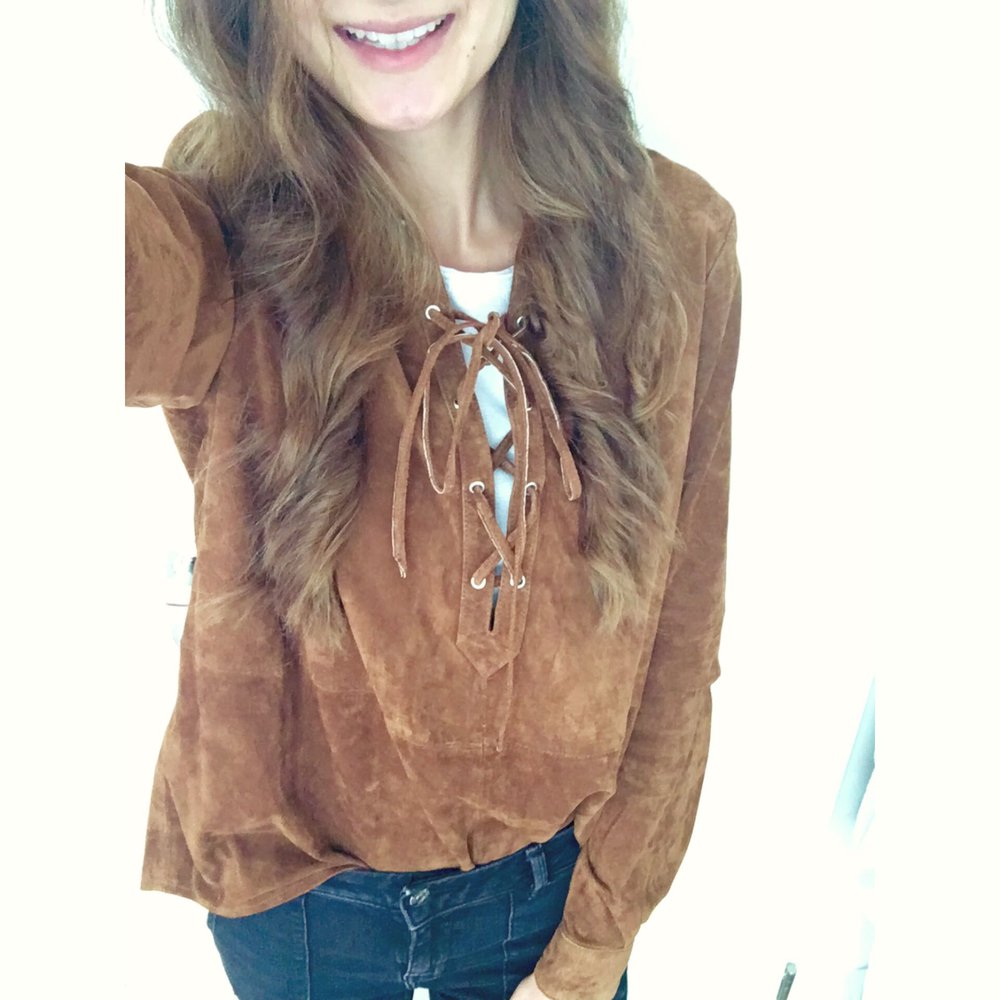 Mit Etikett! Mango Bluse S Echtleder Wildleder cognac braun zum Schüren langarm overzise lässig Bloggerfashion Oberteil Bluse