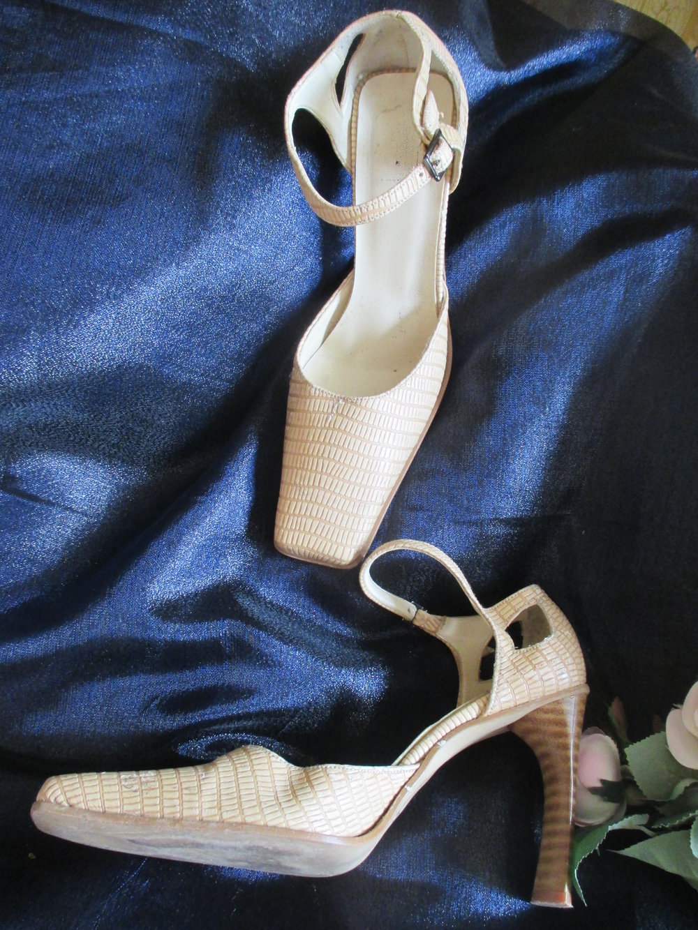  VINTAGE Salsa- Style Kroko- Leder Fessel- Pumps High Heels Stilettos Schuhe Made in Italy* Gr. 37/ 4, cremè- beige nude