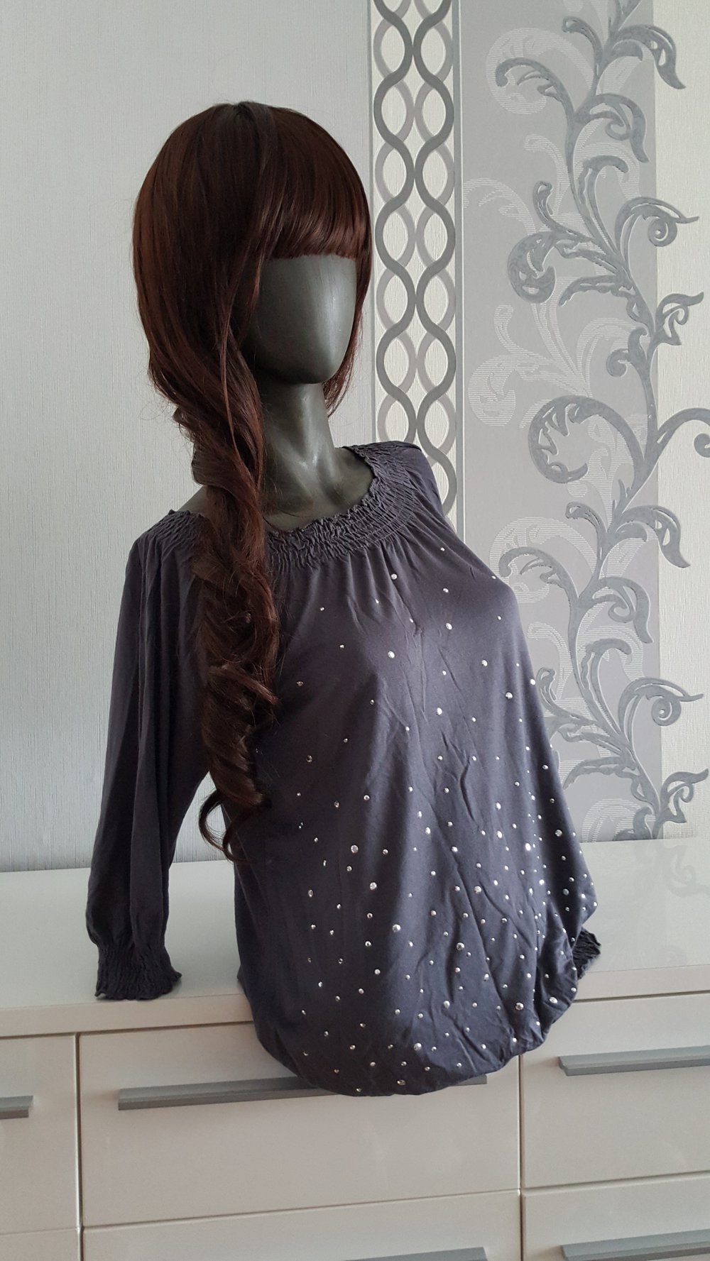 Bluse Grau mit Steinen Strass L 40 auch XL 42