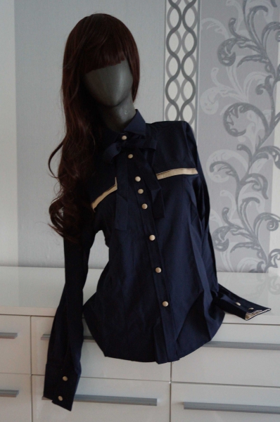 Wunderschöne zweifarbige Bluse Blau Ocker mit Schleife L XL 40 42