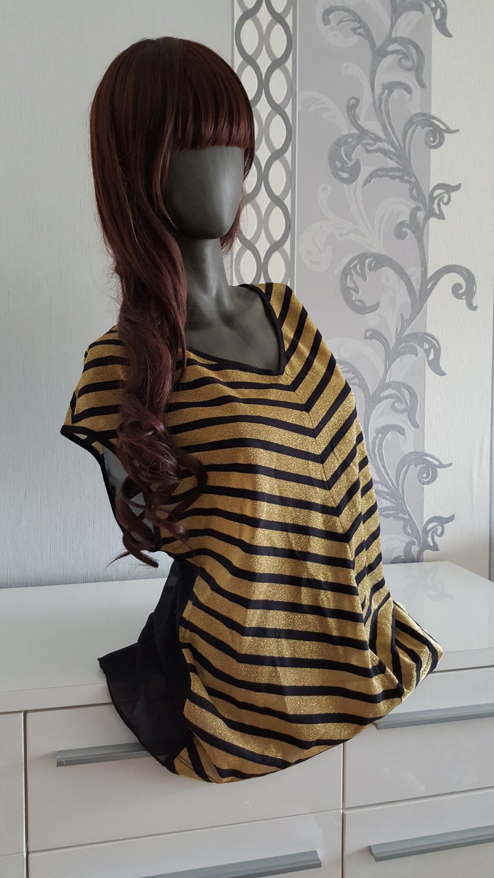 Langes Gold Schwarzes Oberteil Bluse glänzend 40 / 42 auch 44 Neu L XL
