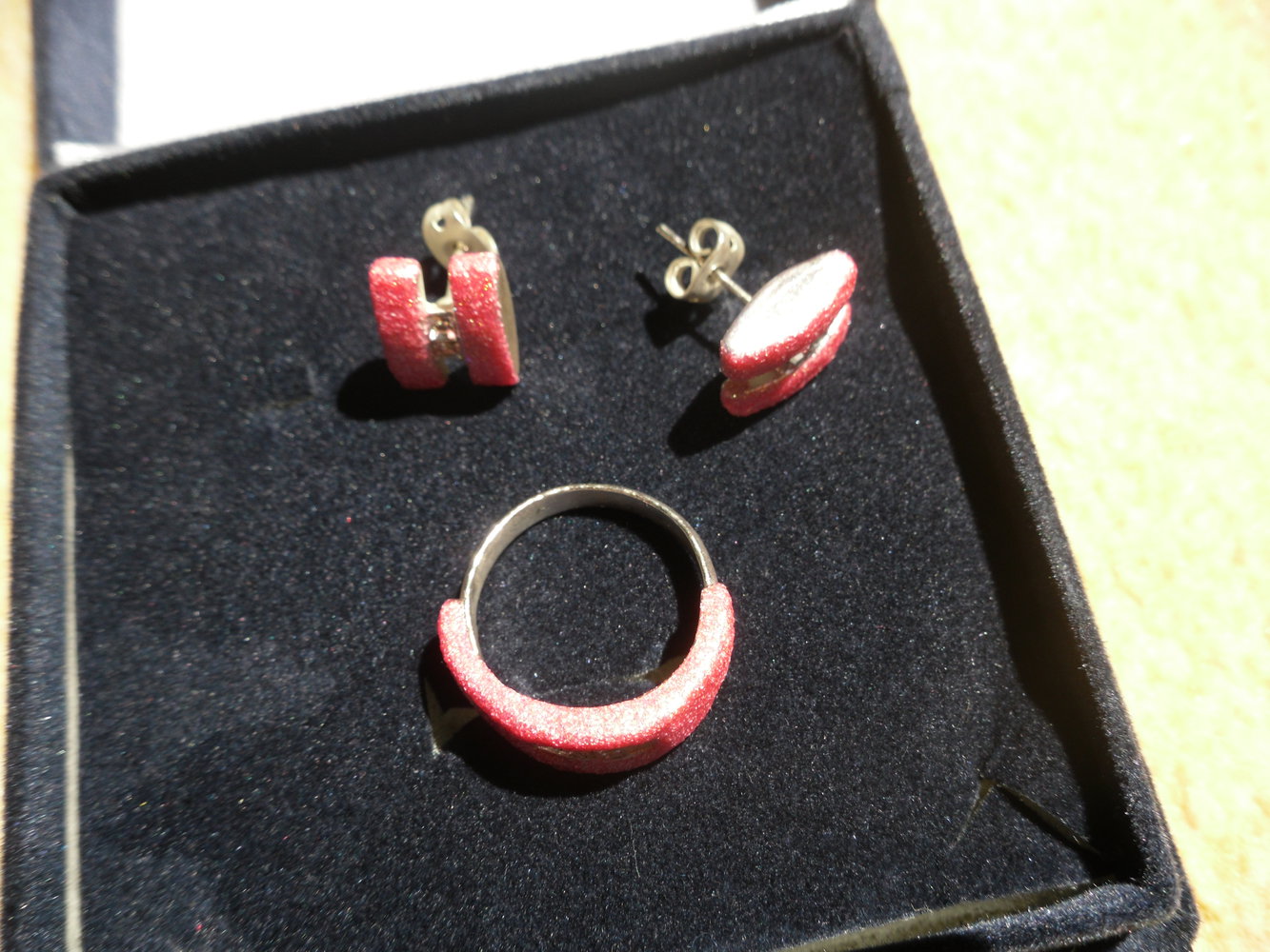 Schmuckset Ohrstecker Ring rosa-gold glitzernd