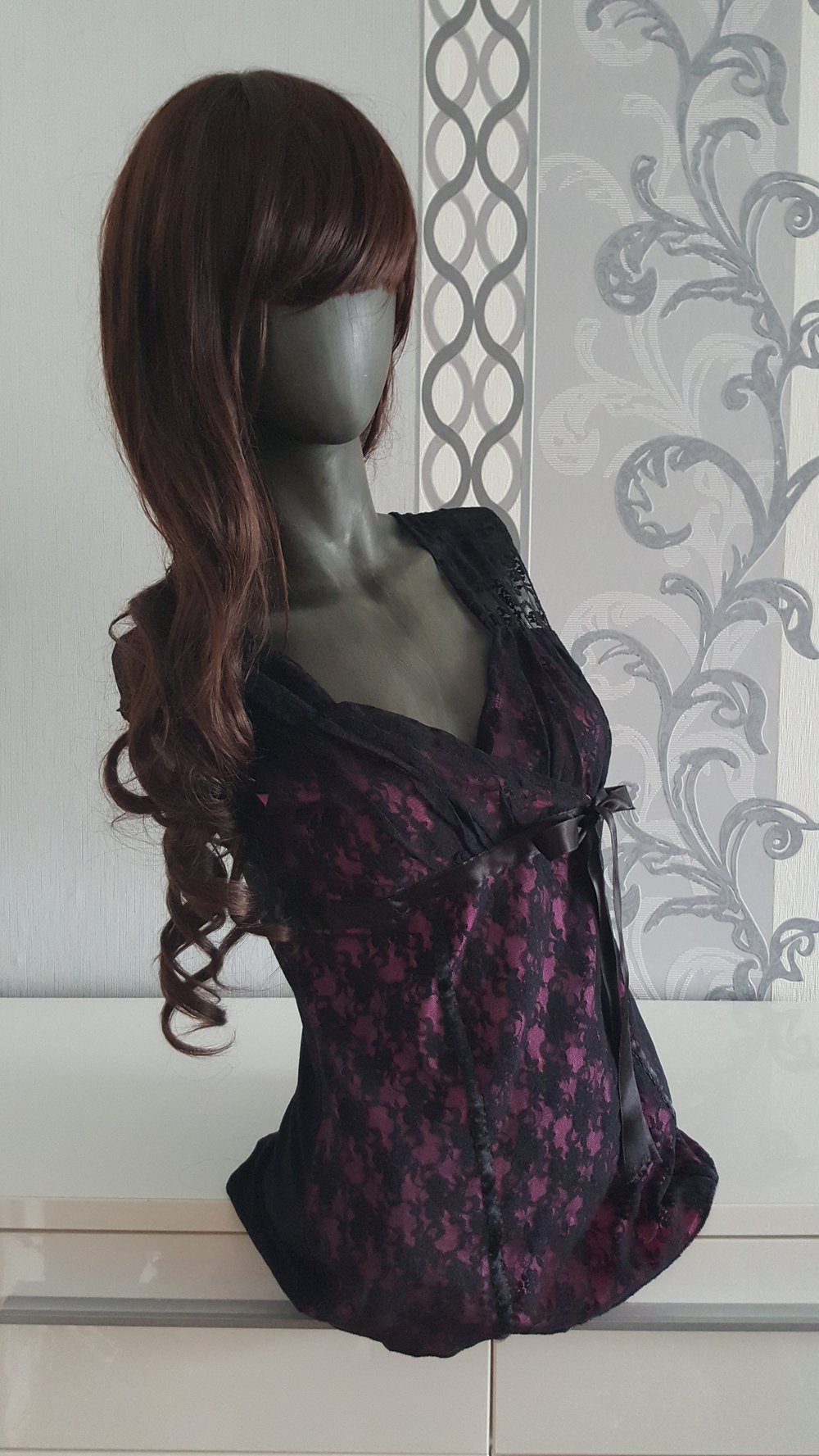 Schönes schwarz rosa Top mit Spitzen und Schleife 38 40 M L