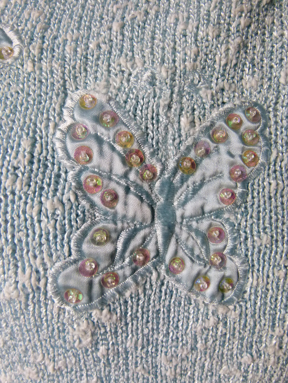 Strick Pulli mit Schmetterlingsapplikationen & kurzen Puffärmeln, hellblau pastell, Boho Retro Vintage Mori Hippie Elfen