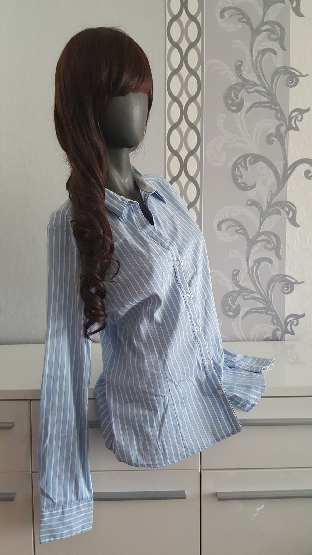 Blau weiß gestreifte Bluse Business Boyfriend Look 42 XL 40 L