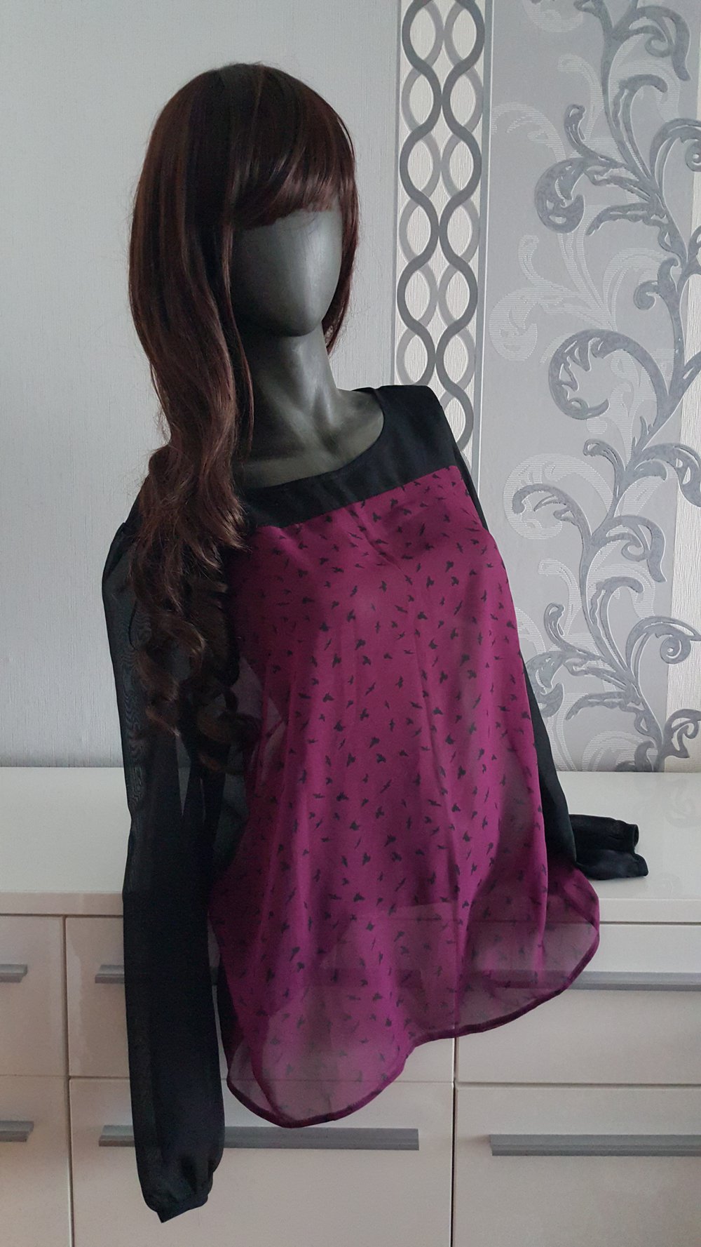 Bluse schwarz magenta mit Vögel 44 46 XL Neu