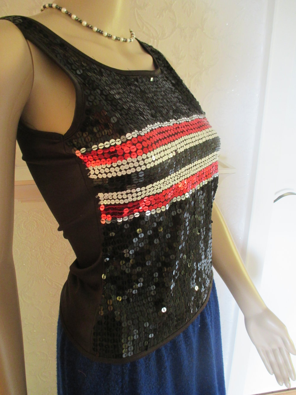   Abend Ausgeh Cocktail Disco- Party Glitzer Pailetten Tank- Träger Top T- Shirt 