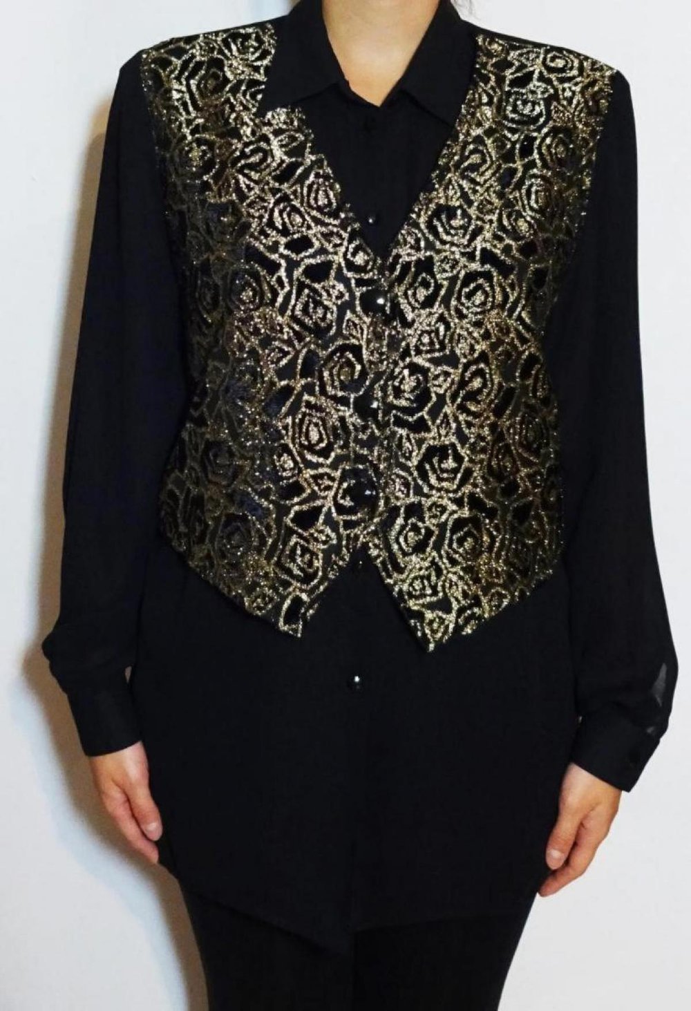 Bluse schwarz gold Vintage 80er Schulterpolster Brokat Samt Stickerei Gr. 42 Gr. M