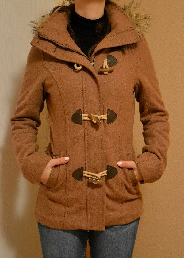 Schöner beiger brauner Dufflecoat Mantel Übergangsjacke H&M 34 XS mit Fellkapuze cognac