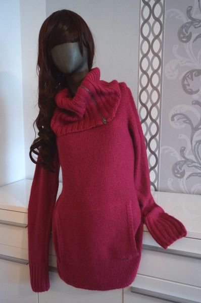 Langer Rollkragen Pullover Magenta mit Reißverschluss und Tasche ausgez. L auch XL 40 42