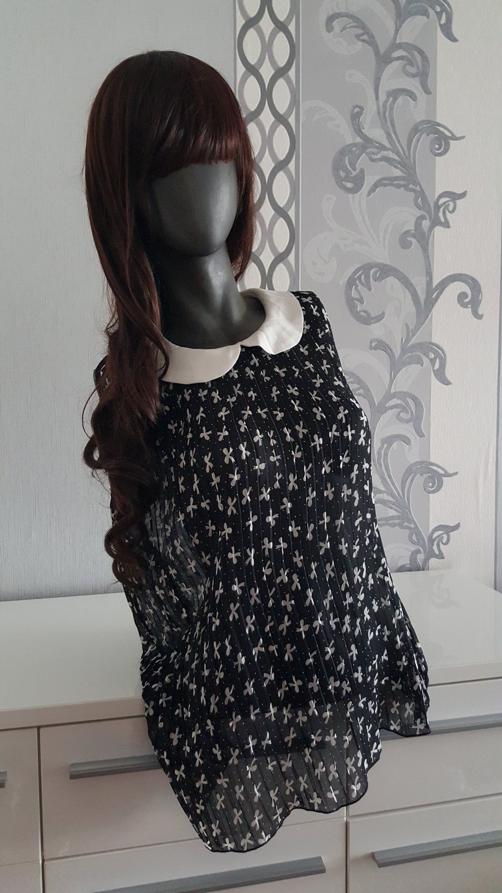 Schwarz Weiß Bluse mit Scheifen und Peter Pan Kragen L XL 40 42