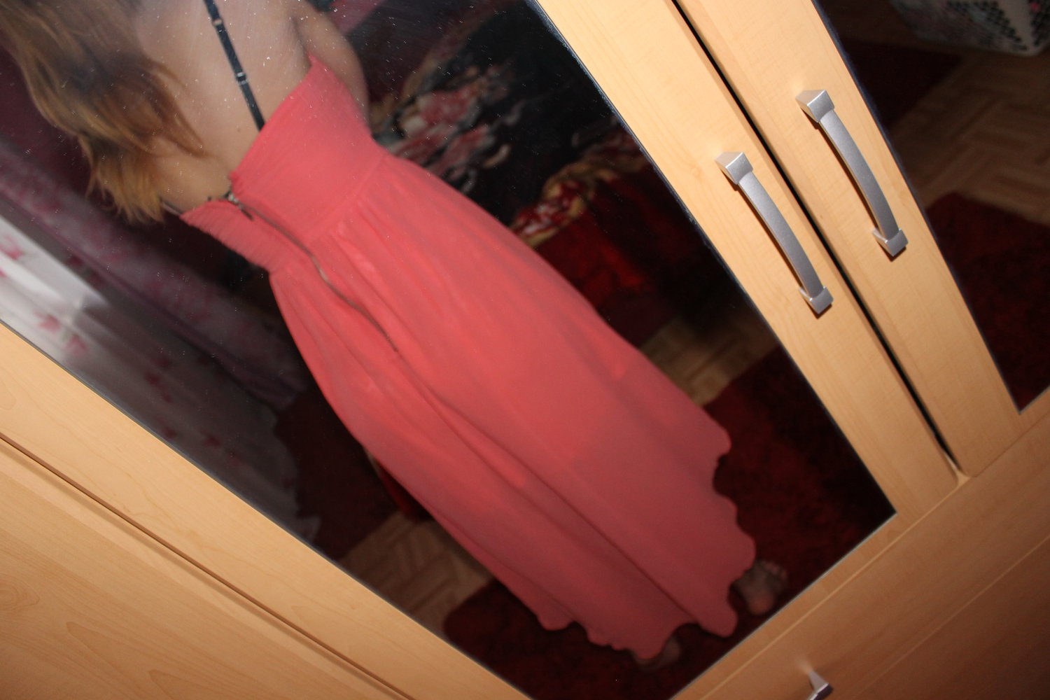 Lachsfarbenes pinkes Wasserfall effekt Kleid Abschlusskleid Abiballkleid Abendkleid trägerlos