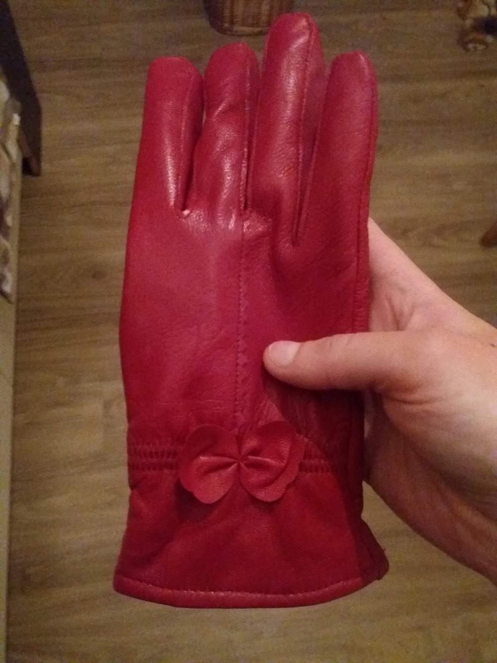 rote Handschuhe Damen Echtleder Lammfell gefüttert Fell Schleife Fahrrad retro Vintage
