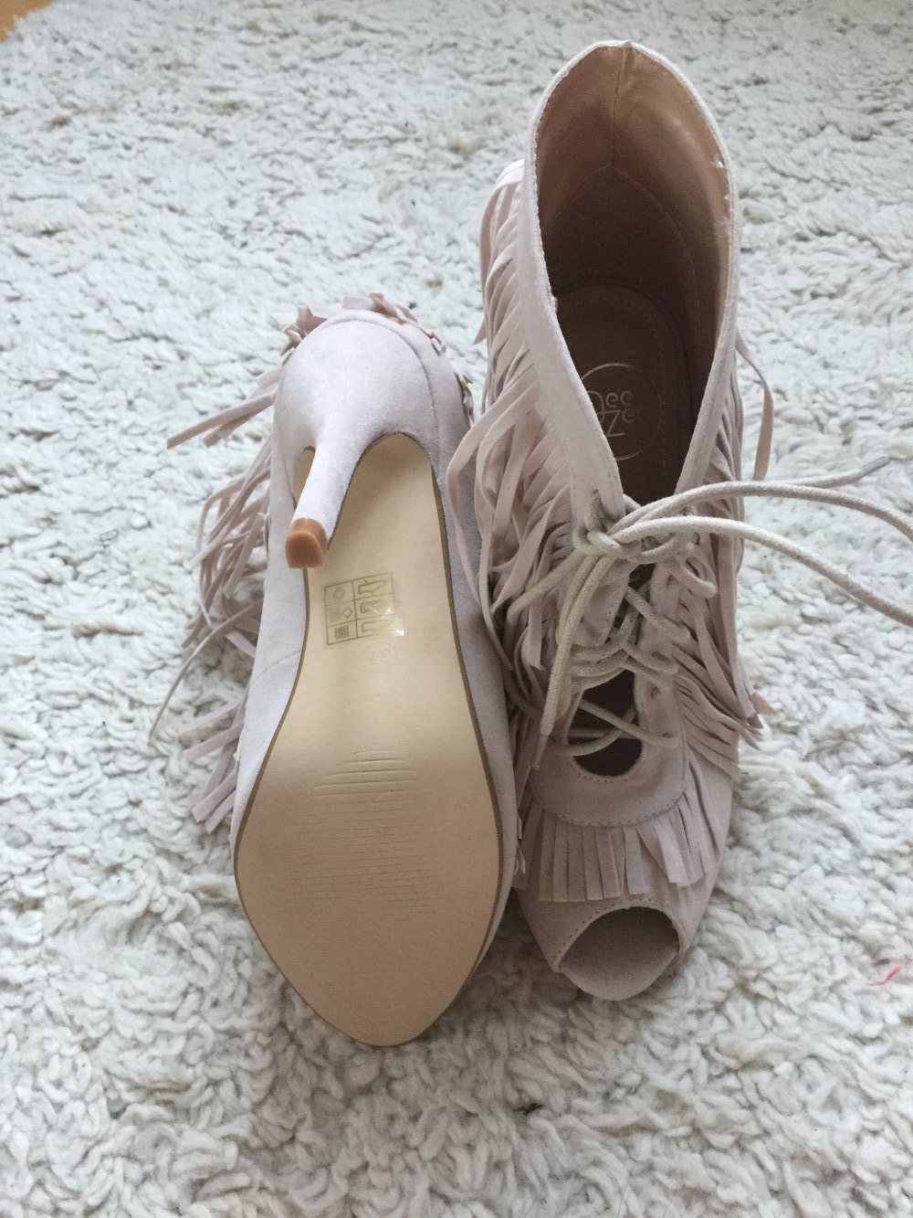 Schnür High Heels, Fransen Heels, Nude, Peep Toes