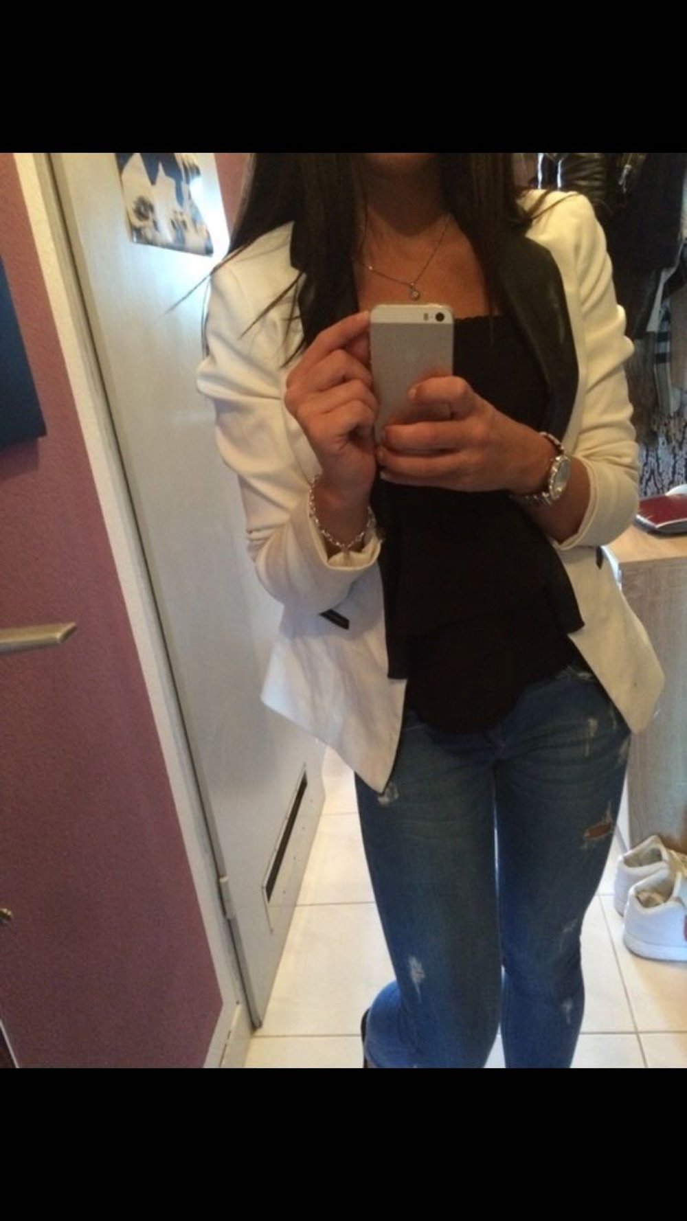 Weißer Blazer, Kragen lederoptik 