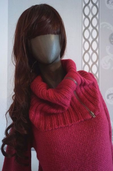 Langer Rollkragen Pullover Magenta mit Reißverschluss und Tasche ausgez. L auch XL 40 42