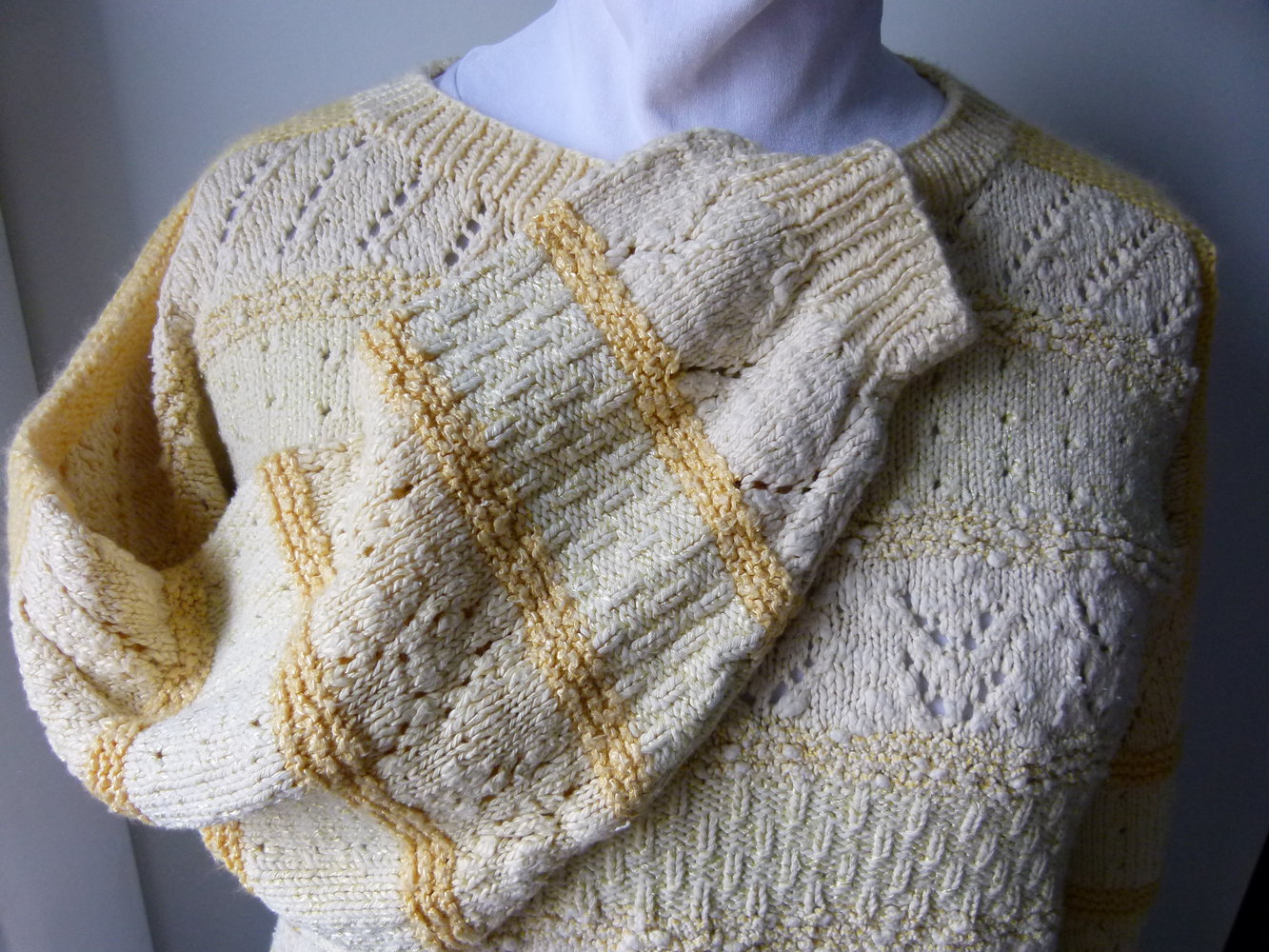 Strickpulli Pullover, Handarbeit, verschiedene Gelbtöne und Muster, Unikat, Boho Retro Goa Vintage Lagenlook Mori Knitwear Cottagecore