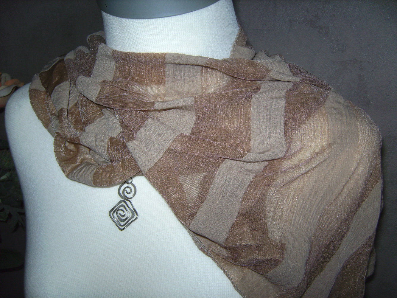 Schal Sommerschal Sandbraun, Viscose glänzendes Material # Retro #Blockstreifen Tuch Accessoire Perlon transparent