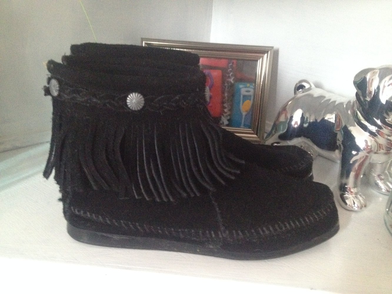 Minnetonka Concho Mokassin Stiefel Zip 38 Schwarz blogger Hippie Nieten Coachella fransen Wildleder