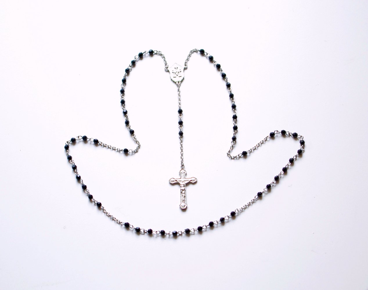 Schwarz silberner Rosenkranz Kette mit Kreuz Statement